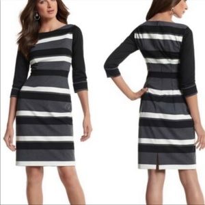 WHBM Black Gray White Striped Sheath 3/4 Sleeve Dress 6